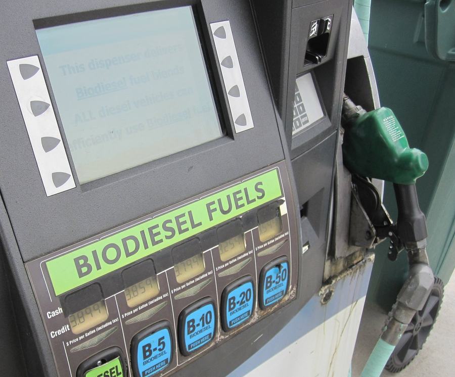 Fuel pump labeled Biodiesel Fuels, with buttons for B-5, B-10, B-20 and B-50 blends