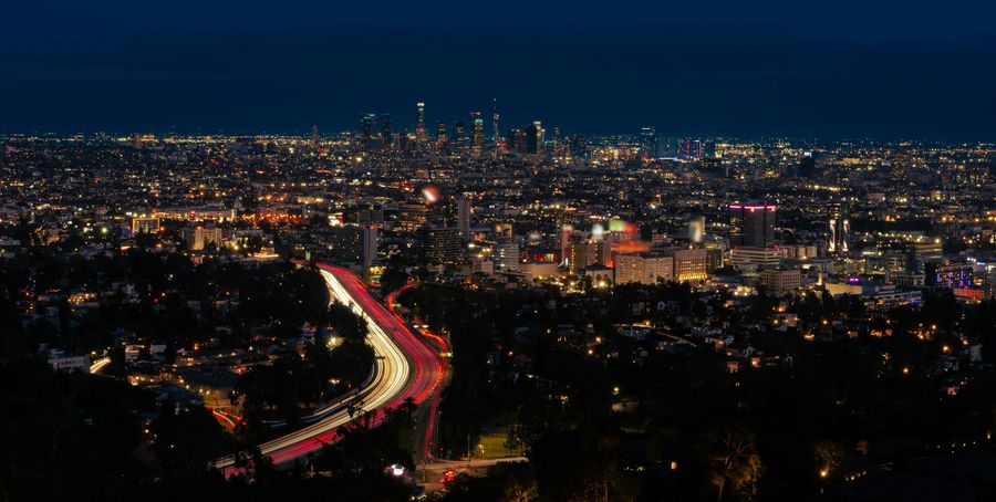 Los Angeles at blue hour with city lights and freeway light trails